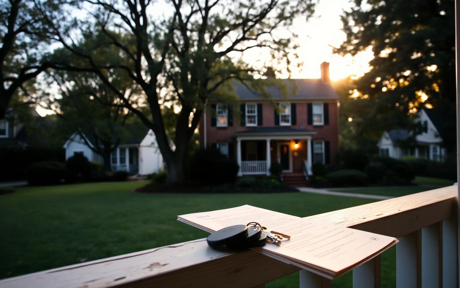 Older brick colonial home in a Maryland neighborhood at golden hour
