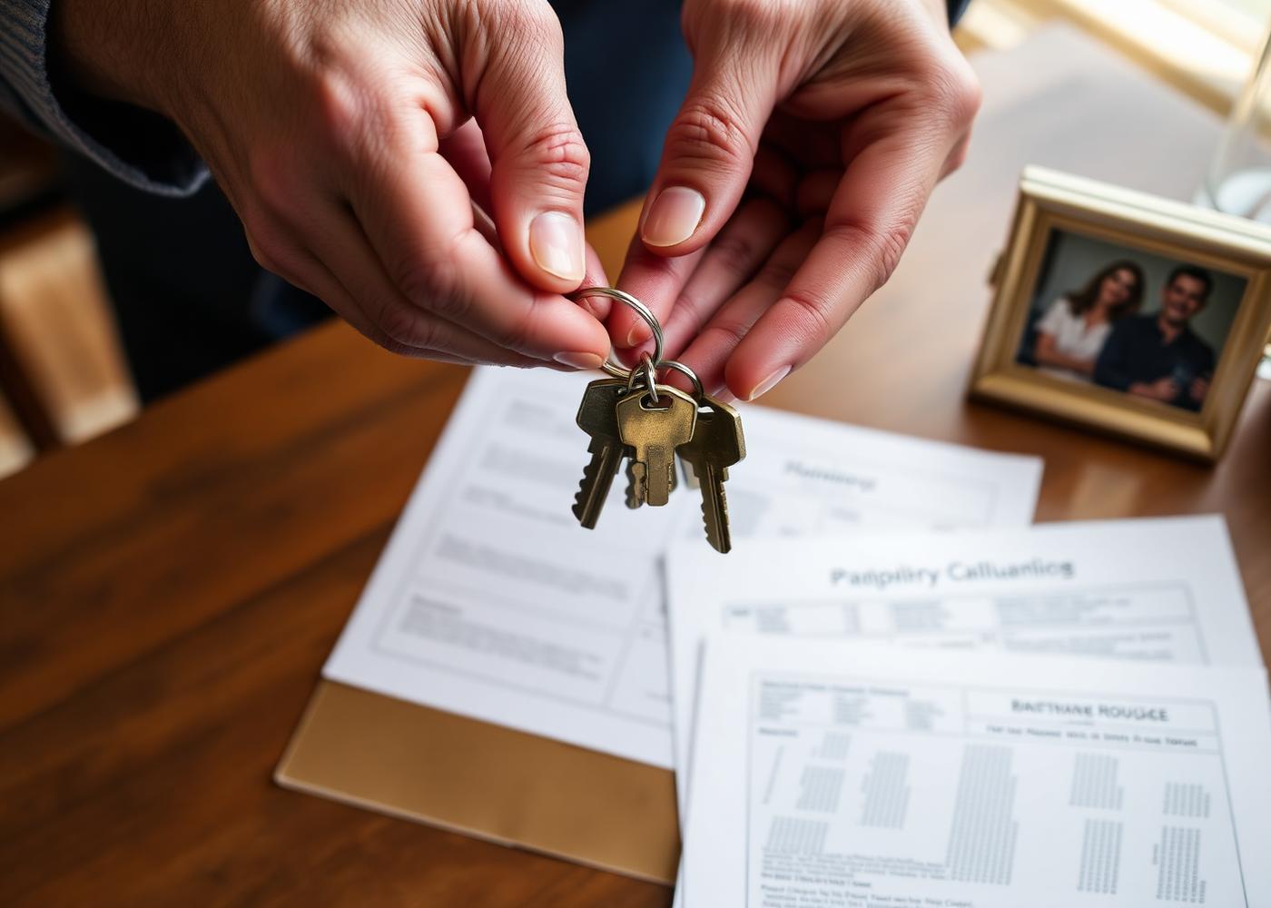 Two hands passing house keys over inherited property documents